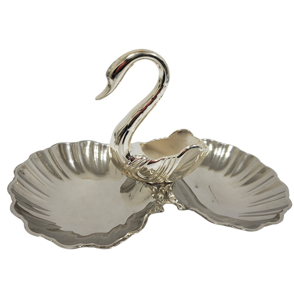 Vintage Swan Shell Candy Dish Silver Hollywood Regency Nut Tray Scalloped
